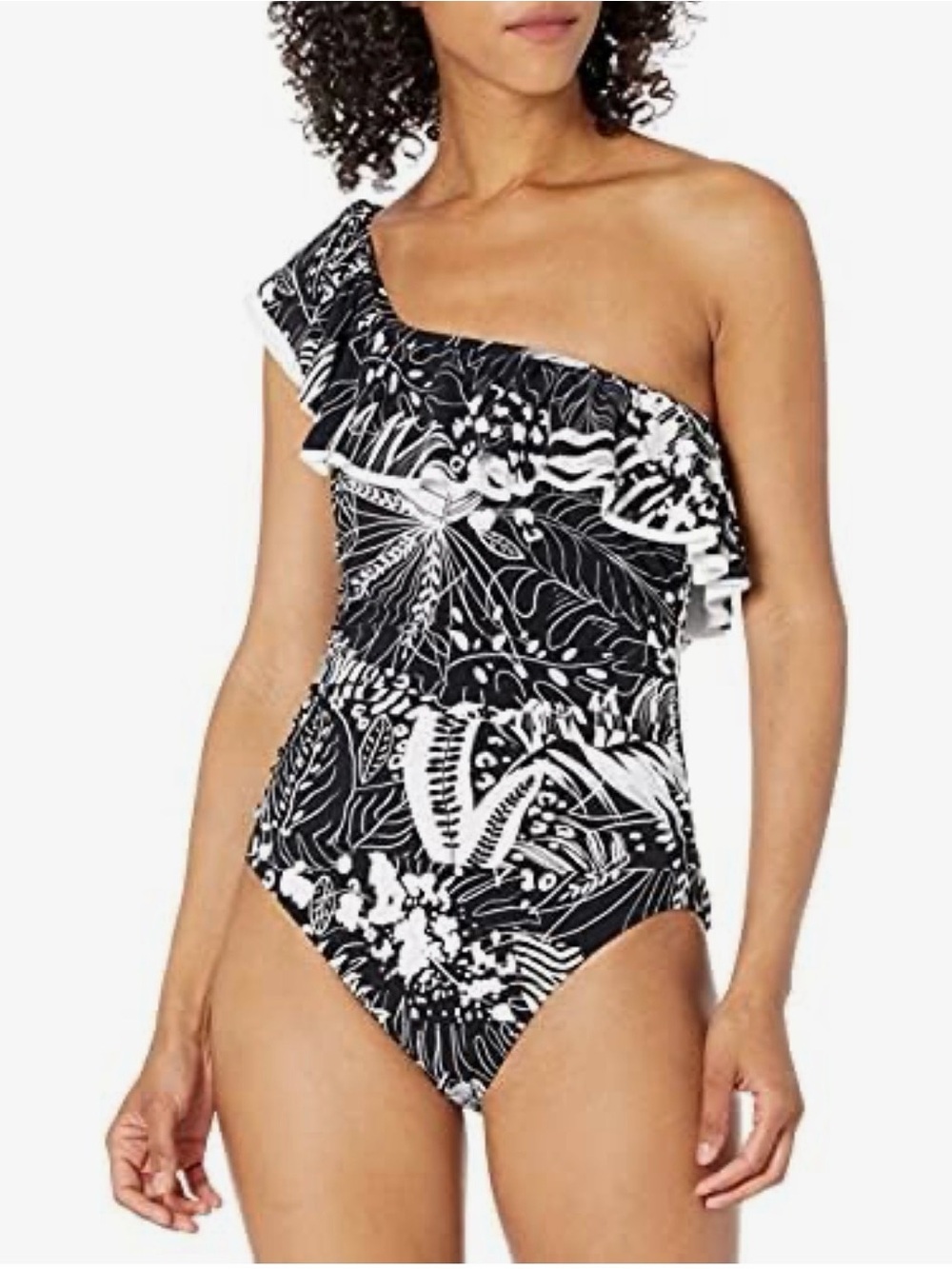Profile By Gottex Marbella Black and White Floral One-Shoulder Swimsuit - 10